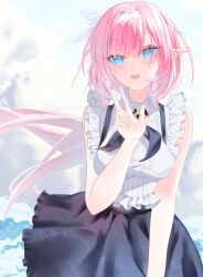 1girl blue_eyes blue_skirt breasts commentary_request elf elysia_(honkai_impact) hairband honkai_(series) honkai_impact_3rd large_breasts long_hair looking_at_viewer official_alternate_costume open_mouth overboard pink_hair pink_pupils pointy_ears shirt skirt solo w white_hairband white_shirt
