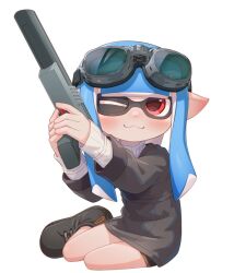 1girl :3 black_shoes blue_hair blush commentary_request gakusei_noa goggles goggles_on_head green-tinted_eyewear gun highres holding holding_gun holding_weapon inkling inkling_girl inkling_player_character long_hair n-zap_(splatoon) nintendo one_eye_closed pointy_ears red_eyes shoes simple_background sitting solo splatoon_(series) splatoon_3 tentacle_hair tinted_eyewear weapon white_background