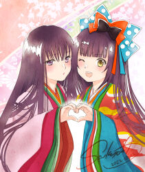 Rule 34 | 2022, 2girls, amano sakuya, artist name, black hair, blunt bangs, blush, bow, commentary, dated, fate/grand order, fate (series), floral background, friends, hair bow, heart, heart hands, heart hands duo, hime cut, japanese clothes, karaginu mo, kimono, layered kimono, long hair, multicolored kimono, multiple girls, murasaki shikibu (fate), murasaki shikibu (third ascension) (fate), one eye closed, open mouth, outfit connection, pout, purple eyes, sei shounagon (fate), sei shounagon (third ascension) (fate), smile, teeth, upper teeth only, yellow eyes