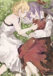 2girls blonde_hair braid child closed_eyes closed_mouth commentary dress ellen_(majo_no_ie) flower friends from_side grass hair_ribbon heads_together highres hug light_smile long_hair lying majo_no_ie multiple_girls on_grass purple_hair red_dress red_ribbon ribbon short_hair sleeping sleeveless sleeveless_dress symbol-only_commentary twin_braids user_hkcj3875 viola_(majo_no_ie) white_dress