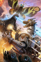 antennae atomic_breath blue_eyes breath_weapon bug building butterfly butterfly_wings caterpillar chest_beam chest_cannon city claws compound_eyes cyborg day destruction dust electricity embers energy_beam energy_cannon energy_weapon evening exhaust explosion fire flying giant giant_monster giant_robot glowing glowing_eyes glowing_spikes godzilla godzilla:_tokyo_s.o.s. godzilla_(series) highres insect insect_wings kaiju kiryu_(godzilla) larva mandibles maser maser_beam maser_cannon mecha mechagodzilla metal_teeth military missile monster moth moth_wings mother_and_child mothra mouth_beam mouth_cannon no_humans no_pupils official_art open_mouth pablo_olivera plasma plasma_beam realistic robot scales scar scar_on_chest sharp_teeth siblings silk skyscraper smoke smoke_trail sparks spikes tail teeth textless_version toho tongue twilight twins type-4_triple_hyper_maser_cannon type-99_twin_maser_cannon variant_set weapon web wings yellow_eyes