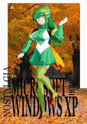 1girl absurdres alt_text autumn_leaves boots breasts commentary detached_sleeves dress english_commentary glasses green_boots green_dress green_hair hair_ornament highres homeko large_breasts leaf long_hair long_sleeves looking_at_viewer microsoft_windows open_mouth os-tan ponytail smile solo teku-a-fool thigh_boots thighhighs windows_xp x_hair_ornament xp_home-tan zettai_ryouiki