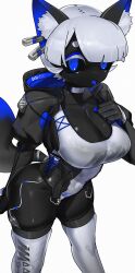 Rule 34 | 1girl, :p, @ @, absurdres, animal ear fluff, animal ears, black sclera, black skin, blue eyes, blue tongue, breasts, cat ears, choker, cleavage, colored sclera, colored skin, colored tongue, commentary, echanis enicha, hashtag-only commentary, highres, large breasts, looking at viewer, original, short hair, simple background, solo, standing, symbol-only commentary, tail, thighhighs, thighs, tongue, tongue out, white background, white choker, white hair, white thighhighs