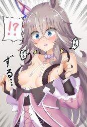 !? 1girl absurdres animal_ears blue_eyes blush breast_slip breasts collarbone embarrassed grey_hair hair_between_eyes hair_ornament highres horse_ears horse_girl kusarigama_sshimi looking_at_viewer no_bra nose_blush portrait simple_background small_breasts solo umamusume unlikely_accident wardrobe_malfunction white_background wonder_acute_(umamusume)