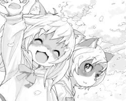 2girls arm_up body_fur cat_girl cherry_blossoms child closed_eyes falling_petals fangs furry furry_female greyscale kikurage_(crayon_arts) long_hair monochrome multiple_girls open_mouth original outdoors petals school_uniform serafuku upper_body waving wind