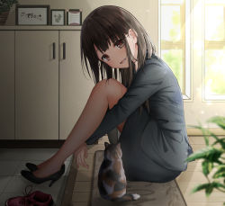 1girl :d animal bare_legs black_hair black_jacket black_shoes black_skirt blazer blurry blurry_foreground blush breasts brown_eyes calico cat day depth_of_field female_focus formal_clothes full_body head_tilt high_heels highres hugging_own_legs indoors jacket knees_up legs_together light_rays long_hair long_sleeves looking_at_viewer looking_to_the_side mat miniskirt monaka_curl open_mouth original pencil_skirt picture_frame plant potted_plant pumps red_shoes shoes sidelocks sitting skirt skirt_suit slice_of_life smile sneakers solo sparkle suit sunbeam sunlight tile_floor tiles uniform