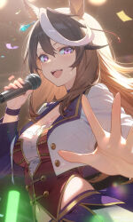 1girl absurdres animal_ears aoi_(07aoi15) breasts bright_pupils brown_hair choker cleavage commentary_request confetti cropped_jacket earrings highres holding holding_microphone horse_ears jacket jewelry long_hair long_sleeves looking_at_viewer medium_breasts microphone midriff multicolored_hair navel open_mouth purple_eyes shadow single_earring smile solo stage starting_future_(umamusume) symboli_rudolf_(umamusume) umamusume upper_body vest white_jacket