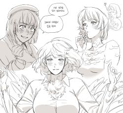 absurdres beret blush constricted_pupils dungeon_meshi falin_touden falin_touden_(chimera) falin_touden_(tallman) feathers hat highres looking_at_viewer medium_hair monochrome mouth_hold scales shirt sketch speech_bubble translation_request ttal_ttal