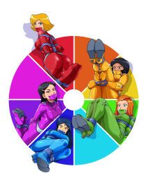 5girls absurdres alex_(totally_spies) ass bdsm black_hair blonde_hair blue_eyes bondage bound bound_ankles bound_arms bound_fingers bound_legs bound_torso bound_wrists breasts britney_(totally_spies) brown_eyes catsuit clover_(totally_spies) dark-skinned_female dark_skin gag gagged green_eyes highres improvised_gag lipstick lost_one_zero makeup mandy_(totally_spies) mole multiple_girls red_hair rope sam_(totally_spies) tape tape_gag totally_spies