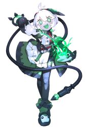 Rule 34 | ..., 1girl, :d, absurdres, armor, bright pupils, cheri zao, commentary, cup, full body, green eyes, green hair, green shirt, green skirt, headgear, highres, holding, joints, looking at viewer, maid, midoriko (cheri zao), multicolored hair, open mouth, original, ringed eyes, robot girl, robot joints, shirt, short hair, simple background, skirt, smile, solo, speech bubble, standing, symbol-only commentary, teacup, two-tone hair, white background, white hair, white pupils