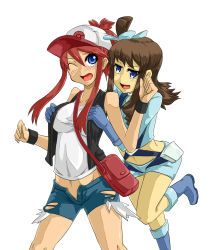 2girls baseball_cap blue_eyes blush boots breasts brown_hair cosplay costume_switch gloves grabbing_another&#039;s_breast grabbing_from_behind groping gym_leader hat hilda_(pokemon) ka-9 long_hair multiple_girls navel nintendo one_eye_closed open_mouth pokemon pokemon_bw ponytail red_hair saliva shorts side_ponytail simple_background skyla_(pokemon) standing standing_on_one_leg torn_clothes unbuttoned undone unzipped vest wink