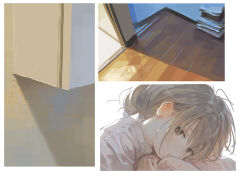 Rule 34 | 1girl, blonde hair, brown eyes, expressionless, futaba anzu, head rest, idolmaster, idolmaster cinderella girls, long hair, looking at viewer, matsuo yuusuke, shirt, solo, still life, white shirt, wooden floor