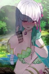 Rule 34 | 1boy, 1girl, animated, armlet, bar censor, bare arms, bikini, bikini skirt, blush, braid, braided ponytail, breasts, censored, cum, cum on body, embarrassed, fate/grand order, fate (series), flower, foot out of frame, from above, from side, futeiki kaisai shin corner, grabbing own breast, green bikini, green vest, hair flower, hair ornament, half-closed eyes, hetero, jewelry, kama (fate), kama (second ascension) (fate), kama (swimsuit avenger) (second ascension) (fate), large breasts, legs together, long hair, looking afar, looking to the side, moaning, open mouth, outdoors, paizuri, penis, ponytail, precum, reverse paizuri, sandals, seiza, sitting, sleeveless, solo focus, sound, swimsuit, tagme, thighlet, vest, video, white hair