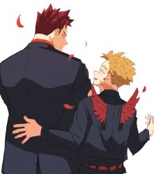 1nichi_4kai 2boys belt black_jacket black_pants blonde_hair blue_eyes boku_no_hero_academia commentary_request earrings endeavor_(boku_no_hero_academia) eye_contact falling_feathers feathered_wings feathers formal_clothes hand_on_another&#039;s_back hawks_(boku_no_hero_academia) highres jacket jewelry long_sleeves looking_at_another male_focus multiple_boys open_mouth pants piercing red_belt red_feathers red_hair red_wings scar scar_on_neck shirt_tucked_in short_sideburns side-by-side simple_background smile standing white_background wings