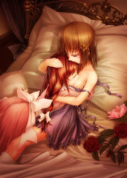 Rule 34 | 00s, 2girls, apron, bad id, bad pixiv id, bed, braid, breast sucking, breasts, brown hair, flat chest, flower, highres, hug, lyrical nanoha, mahou shoujo lyrical nanoha, mahou shoujo lyrical nanoha a&#039;s, medium breasts, multiple girls, pillow, red hair, ribbon, rose, tears, tom (1art.), twin braids, vita (nanoha), yagami hayate, yuri