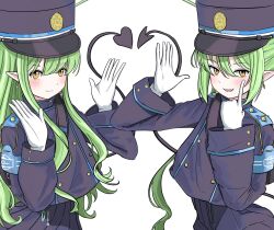2girls bad_tag blue_archive blush demon_tail fang gloves green_hair green_halo halo hands_up hat heart highres hikari_(blue_archive) long_hair long_sleeves looking_at_viewer multiple_girls nozomi_(blue_archive) open_mouth pantyhose peaked_cap pointy_ears siblings sisters smile smirk tail twintails user_rms7714 white_background white_gloves white_pantyhose yellow_eyes