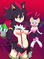 2girls :d absurdres adapted_costume aetherion animal_ears bat_ears bat_wings black_hair breasts chaos_emerald cosplay gloves grey_hair heart heart_in_mouth highres kill_la_kill large_breasts mankanshoku_mako matoi_ryuuko multicolored_hair multiple_girls open_mouth red_hair revealing_clothes rouge_the_bat rouge_the_bat_(cosplay) shadow_the_hedgehog shadow_the_hedgehog_(cosplay) smile sonic_(series) suspenders two-tone_hair white_gloves wings xd