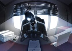 1boy artist_request black_gloves black_jacket black_necktie black_skin black_suit black_suit_(blue_archive) blue_archive chair clipboard coat_rack collared_shirt colored_skin computer cracked_skin day desk evil_smile fisheye formal_clothes game_cg gloves glowing glowing_eye indoors interlocked_fingers jacket laptop light_particles male_focus necktie non-web_source office office_chair official_art one-eyed own_hands_together paper paper_stack pen shirt smile solo suit sunlight swivel_chair white_eyes white_shirt window window_blinds