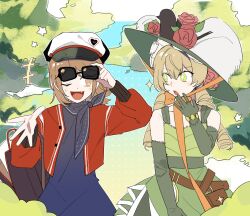 2girls adjusting_eyewear bag belt_pouch blue_dress blue_scarf bobodoki brown_eyes brown_hair bush commentary_request day dress drill_hair elbow_gloves fang flower gloves green_dress green_gloves green_headwear hair_flower hair_ornament hand_to_own_mouth hat hat_flower highres jacket jewelry large_hat light_blush long_hair long_sleeves multiple_girls one_eye_closed open_clothes open_jacket open_mouth outdoors pouch red_flower red_jacket red_rose regulus_(reverse:1999) reverse:1999 ring rose scarf short_hair sleeveless sleeveless_dress smile sotheby sparkle sparkling_eyes star_(symbol) sunglasses twin_drills water