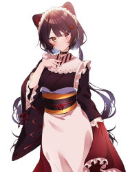 1girl animal_ears apron black_collar black_sash blush brown_hair brown_kimono closed_mouth collar commentary_request cowboy_shot dog_ears flower frilled_skirt frills hair_flower hair_ornament hand_on_own_chest hand_up heterochromia inui_toko inui_toko_(1st_costume) japanese_clothes kimono long_hair long_skirt long_sleeves looking_at_viewer low_twintails maid_headdress nijisanji obi obiage obijime red_eyes red_skirt sash shigure_(sigre) simple_background skirt skirt_hold smile solo twintails very_long_hair virtual_youtuber waist_apron white_apron white_background white_headdress yellow_eyes