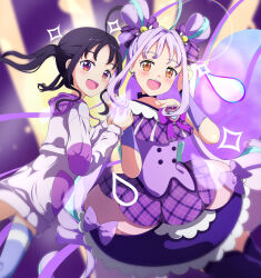 2girls :d bare_shoulders black_hair blue_thighhighs blurry blurry_background blush bow brown_eyes character_request commentary_request cure_kyunkyun depth_of_field dress grey_hoodie hair_bow hands_up hood hood_down hoodie kimi_to_idol_precure long_hair looking_at_viewer multiple_girls open_mouth plaid_bow plaid_clothes plaid_dress precure purple_bow purple_dress purple_eyes purple_hair shigure_kokoro smile thighhighs tsuyukina_fuzuki twintails very_long_hair