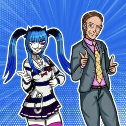 1boy 1girl amemiya_darumi better_call_saul black_hair blue_background blue_eyes blue_hair breaking_bad brown_hair crossover face_piercing finger_gun fingergun formal_clothes lip_piercing long_hair looking_at_viewer makeup multicolored_hair one_eye_closed piercing pink_eyes pink_thighhighs pleated_skirt runny_makeup safety_pin saul_goodman shirt simple_background skirt striped_clothes striped_shirt suit the_hundred_line_-last_defense_academy- thighhighs twintails wink