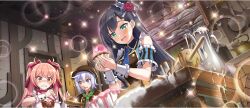 Rule 34 | 3girls, :d, apron, black hair, blue bow, blue dress, blue necktie, blush, bow, breasts, brown dress, brown hat, buttons, newsboy cap, chris (konosuba), cleavage, collared dress, cupcake, diagonal bangs, double-breasted, dress, erika (konosuba), facial scar, flower, food, frilled apron, frilled dress, frills, from below, game cg, green eyes, green necktie, grey hair, hair between eyes, hair bow, happy, hat, hat bow, hat flower, highres, holding, holding food, indoors, kitchen, kono subarashii sekai ni shukufuku wo!, konosuba! fantastic days, large breasts, lia (konosuba), long hair, looking at food, looking down, medium breasts, messy room, mini hat, mini top hat, multiple girls, necktie, off-shoulder dress, off shoulder, official alternate costume, official art, open mouth, parted bangs, pink bow, pink eyes, pink hair, purple eyes, red flower, scar, scar on cheek, scar on face, shade, short hair, side ahoge, small breasts, smile, sparkle, striped clothes, striped dress, top hat, twintails, two-tone dress, valentine, vertical-striped clothes, vertical-striped dress, white apron, white wrist cuffs, wrist cuffs