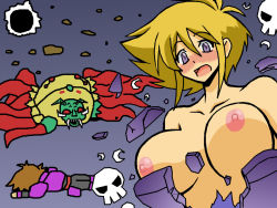 Rule 34 | 1boy, 1girl, benjamin (ffmq), blonde hair, blush, breasts, dark king, faye, final fantasy, final fantasy mystic quest, lunatiris, monster, nipples, open mouth, purple eyes, short hair, upper body, wardrobe malfunction