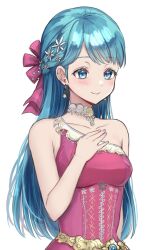 1girl blue_eyes bow braid breasts choker collarbone colored_eyelashes commentary_request dragon_quest dragon_quest_v dress earrings flora_(dq5) flower hair_bow hair_flower hair_ornament hand_on_own_chest haniwa_(8241427) highres jewelry long_hair medium_breasts official_alternate_design pink_dress purple_bow side_braid single-shoulder_dress smile solo upper_body white_background white_flower