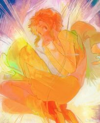 Rule 34 | 1girl, absurdres, angel, angel wings, backless outfit, boots, brown eyes, chinese commentary, closed mouth, colored tips, commentary request, cropped shirt, feathered wings, fetal position, fingernails, floating clothes, from side, full body, green hair, green pupils, halo, hands on own face, highres, leg warmers, light blush, light frown, long sleeves, looking at viewer, midriff, miniskirt, multicolored hair, orange boots, orange hair, original, pleated skirt, scar, scar on back, shirt, short hair, skirt, sleeves past wrists, solo, thick eyebrows, tnotss1, traditional halo, watermark, weibo watermark, white background, white halo, white wings, wings, yellow leg warmers, yellow shirt, yellow skirt