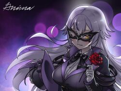 1girl blush bow bowtie braid breasts cape collared_shirt domino_mask double-parted_bangs flower gloves goddess_of_victory:_nikke grey_hair grimaisbestwaifu hands_up hat holding holding_flower holding_unworn_clothes holding_unworn_hat jacket large_breasts leaf long_hair looking_at_viewer mask mixed-language_commentary one_eye_closed phantom_(nikke) red_flower red_rose rose shirt signature single_braid smile solo strap suit_jacket unworn_hat unworn_headwear upper_body white_gloves wing_collar yellow_eyes