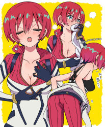 1girl amate_yuzuriha ass bhachi88888888 black_sports_bra blush bodysuit bodysuit_pull border breasts cleavage closed_eyes commentary_request covered_mouth cowboy_shot green_eyes gundam gundam_gquuuuuux hair_between_eyes highres holding holding_towel large_breasts leaning_forward mecha_pilot_suit motion_lines multiple_views normal_suit_(gundam) outside_border partially_unzipped pulling_own_clothes red_hair short_hair spacesuit sports_bra standing steam sweat towel translation_request twitter_username unzipping upper_body white_border wiping_sweat yellow_background zipper_pull_tab