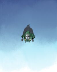 Rule 34 | 1boy, armor, armored boots, belt, boots, cape, clenched hands, doctor doom, expressionless, fantastic four, floor, from above, full body, glowing, green cape, green hood, helmet, highres, hood, hooded cape, looking at viewer, looking up, marvel, mask, mugi (mugit49), power armor, simple background, solo
