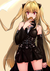 Rule 34 | 1girl, aosora2823, arm at side, armpit crease, artist name, bare shoulders, black dress, black sleeves, blonde hair, clothing cutout, commentary, cowboy shot, detached sleeves, dress, eating, food, gluteal fold, hair intakes, hair ornament, hand up, highres, konjiki no yami, long hair, prehensile hair, red eyes, sidelocks, simple background, solo, star cutout, taiyaki, thigh strap, to love-ru, to love-ru darkness, two side up, very long hair, wagashi, yellow background