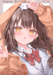 1girl absurdres animal animal_on_head asakura_karen_(heaven_burns_red) blunt_bangs blush bow bowtie brown_hair cat cat_on_head collared_shirt commentary_request dated eyelashes fingernails grey_sweater_vest hands_up happy_birthday heaven_burns_red highres hood hood_up hooded_jacket jacket long_hair looking_at_viewer low-tied_long_hair low_twintails on_head open_clothes open_jacket open_mouth orange_eyes orange_jacket orange_pupils red_bow red_bowtie shirt signature simple_background sleeves_past_wrists solo sweater_vest tsumugi-t twintails upper_body watermark white_background white_shirt