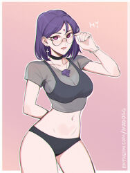 adjusting_eyewear arm_behind_back bespectacled black_bra black_choker black_panties blush bra bra_visible_through_clothes bracelet breasts choker cleavage collarbone cross cross_earrings dc_comics earrings facial_mark forehead_mark glasses highres jewelry large_breasts looking_at_viewer madogg midriff navel panties patreon_username pink_background purple_eyes purple_hair raven_(dc) ring round_eyewear see-through_clothes see-through_shirt shirt short_hair short_sleeves teen_titans underwear