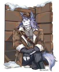 1boy animal_ears blue_hair breath brown_coat coat fate/grand_order fate_(series) furry furry_male graysheartart highres leather_belt looking_to_the_side male_focus medium_hair patxi_(fate) sitting smile snow solo tail winter_clothes wolf_boy wolf_ears wolf_tail