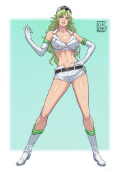 1girl 2024 absurdres artist_logo artist_name bare_shoulders belt bikini bikini_top_only black_belt bleach blurry_border boots border breasts candice_catnipp cirenk cleavage collarbone collared_jacket contrapposto crop_top elbow_gloves full_body gloves green_eyes green_hair hand_on_own_hip hand_up hat highres jacket knee_boots large_breasts legs legs_apart lips logo long_hair long_legs looking_at_viewer navel nose outside_border short_shorts shorts simple_background sleeveless sleeveless_jacket solo spiked_hair standing swimsuit thighs toned toned_female tsurime white_bikini white_boots white_border white_gloves white_jacket white_shorts