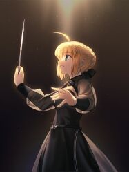 1girl artoria_pendragon_(fate) bad_tag black_background black_dress blonde_hair braid braided_bun breasts conductor_baton dress fate/stay_night fate_(series) green_eyes hair_between_eyes hair_bun hands_up highres holding_baton long_sleeves looking_the_front open_mouth ponytail saber_(fate) shoori_(migiha) short_hair simple_background smile solo takeuchi_takashi_(style) type-moon