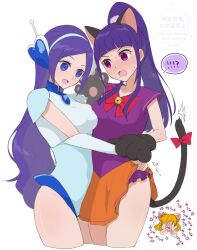 3girls animal_ears aono_miki asahina_mirai blonde_hair blue_leotard blush breasts cat_ears cat_tail fresh_precure! hagihara_riku hair_ornament hairband highres izayoi_liko leotard long_hair mahou_girls_precure! mahou_girls_precure!!_mirai_days medium_breasts multiple_girls open_mouth paw_pose precure purple_eyes purple_hair science_fiction tail