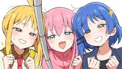 3girls ahoge black_shirt blonde_hair blue_eyes blue_hair blue_jacket bocchi_the_rock! gotoh_hitori grin hair_ornament hairclip ijichi_nijika jacket long_hair medium_hair mole mole_under_eye multiple_girls necktie open_clothes open_jacket pink_hair pink_track_suit polka_dot_necktie red_eyes red_necktie selfie selfie_stick shiro_srmsk shirt side_ponytail smile sweat teeth track_suit white_shirt yamada_ryo yellow_bag yellow_eyes