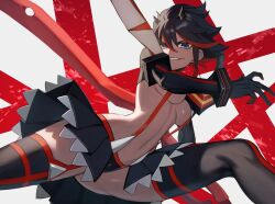 1girl black_boots black_gloves black_hair black_skirt blue_eyes boots breasts chorogon gloves highres kill_la_kill matoi_ryuuko multicolored_hair navel red_hair scissor_blade_(kill_la_kill) senketsu short_hair skirt small_breasts smile solo suspenders sword thighhighs thighs two-tone_hair weapon