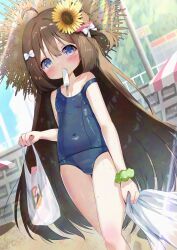 1girl ahoge bag bare_arms bare_shoulders blue_eyes blue_one-piece_swimsuit blue_sky blush bow breasts brown_hair brown_hat commentary_request covered_navel day flower food food_in_mouth fruit green_scrunchie hair_between_eyes hair_bow hair_flower hair_ornament hat holding holding_bag long_hair looking_at_viewer mouth_hold old_school_swimsuit one-piece_swimsuit one_side_up original outdoors plastic_bag polka_dot polka_dot_scrunchie popsicle school_swimsuit scrunchie siera_(sieracitrus) sky small_breasts solo strap_slip strawberry sunflower sunflower_hair_ornament swimsuit very_long_hair white_bow wrist_scrunchie yellow_flower