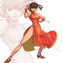 1girl bracer braid breasts brown_hair china_dress chinese_clothes dead_or_alive dress female_focus fighting_stance hair_rings high_heels impossible_clothes impossible_dress lei_fang lips long_dress red_dress sandals seeso2d short_hair side_slit sleeveless sleeveless_dress solo toes twin_braids zoom_layer