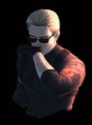Rule 34 | 1boy, absurdres, albert wesker, arm up, black background, black gloves, blonde hair, blood, blood on clothes, blood on face, commentary, cropped torso, english commentary, gloves, glowing, glowing eyes, hair slicked back, highres, jedmossfeld, male focus, orange eyes, resident evil, resident evil 4, short hair, shoulder strap, simple background, solo, sunglasses, wiping face