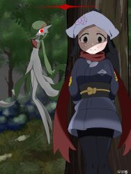 Rule 34 | 1girl, akari (pokemon), alpha pokemon, bob cut, colored skin, dress, floating, galaxy expedition team survey corps uniform, gardevoir, gen 3 pokemon, glowing, glowing eyes, green hair, green skin, hair over one eye, headscarf, hiding, highres, inb795, multicolored skin, nintendo, pokemon, pokemon (creature), pokemon legends: arceus, red eyes, red scarf, scarf, signature, tears, tree, two-tone skin, white dress, white headscarf, white skin
