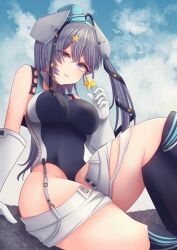 Rule 34 | 1girl, aqua hat, black one-piece swimsuit, black ribbon, boots, breasts, candy, commission, competition swimsuit, day, food, garrison cap, gloves, grey hair, hair ornament, hair ribbon, hat, highleg, highleg one-piece swimsuit, highres, holding, holding candy, holding food, holding lollipop, kantai collection, lollipop, long hair, nagi kantai114, one-piece swimsuit, outdoors, ribbon, scamp (kancolle), shorts, side ponytail, sitting, skeb commission, solo, star (symbol), star hair ornament, swimsuit, white gloves, white shorts