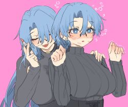 Rule 34 | 2girls, aochoku, armpit cutout, black-framed eyewear, black sweater, blue eyes, blue hair, blush, breasts, clenched hands, closed eyes, clothing cutout, commentary, cosmetics, dazed, glasses, hair between eyes, highres, large breasts, leona (aochoku), leone (aochoku), lipstick, lipstick mark, lipstick tube, long hair, long sleeves, makeup, multiple girls, open mouth, original, parted lips, pink background, ribbed sweater, short hair, simple background, sweater, symbol-only commentary, trembling, turtleneck, turtleneck sweater, upper body, very long hair, yuri