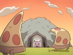 absurdres ahoge cave cocomayo29_(tomato) commentary_request evening fleeing food grass highres hololive korean_commentary miteiru_(shirakami_fubuki) no_humans orange_sky pizza pizza_slice sky
