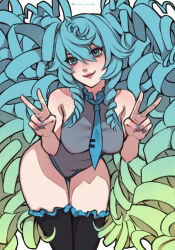 1girl ahoge aqua_eyes aqua_hair aqua_nails aqua_necktie artist_name black_thighhighs breasts closed_mouth collared_shirt double_v drill_hair eyes_visible_through_hair green_hair hatsune_miku highleg highleg_leotard highres inspy_art leotard lips looking_at_viewer medium_breasts multicolored_hair necktie pink_lips shirt simple_background sleeveless sleeveless_shirt smile solo standing streaked_hair thighhighs thighs twin_drills twintails v vocaloid